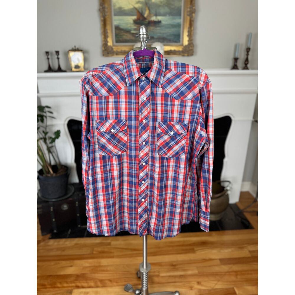 Vintage 90s Western Wear Shirt Pearl Snaps, Wrangler, Red Orange Blue Plaid